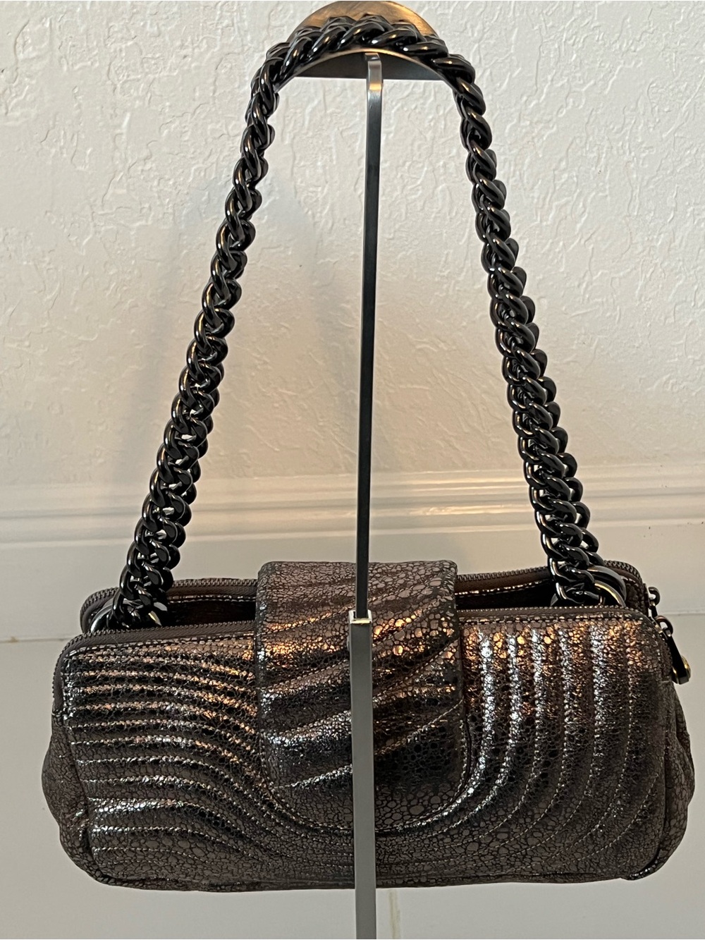 HENRI BENDEL # 7 QUILTED METALLIC SHOULDER BAG. - Picture 2 of 15